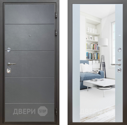 Входная металлическая Дверь Шелтер (SHELTER) Комфорт Лофт графит 13 с зеркалом Белый матовый в Балашихе