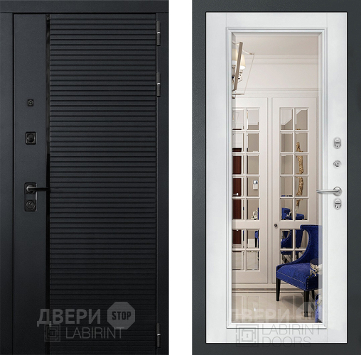 Входная металлическая Дверь Лабиринт (LABIRINT) Piano Зеркало Фацет с багетом Белый софт в Балашихе