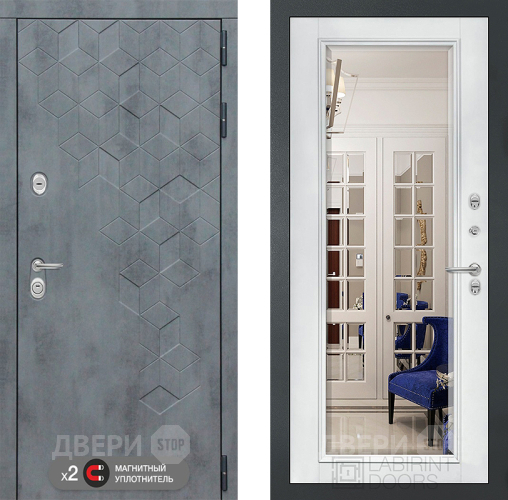Дверь Лабиринт (LABIRINT) Бетон Зеркало Фацет с багетом Белый софт в Балашихе