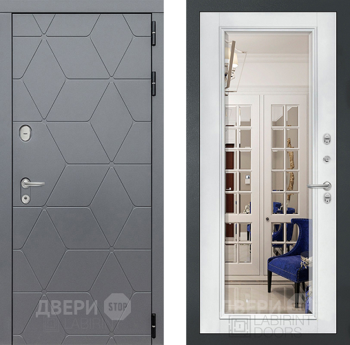 Входная металлическая Дверь Лабиринт (LABIRINT) Cosmo Зеркало Фацет с багетом Белый софт в Балашихе