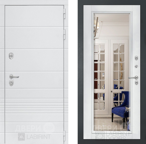 Входная металлическая Дверь Лабиринт (LABIRINT) Трендо Зеркало Фацет с багетом Белый софт в Балашихе