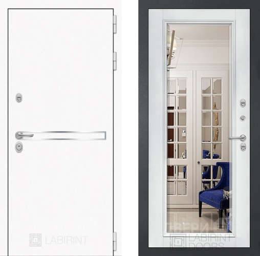 Входная металлическая Дверь Лабиринт (LABIRINT) Лайн White Зеркало Фацет с багетом Белый софт в Балашихе