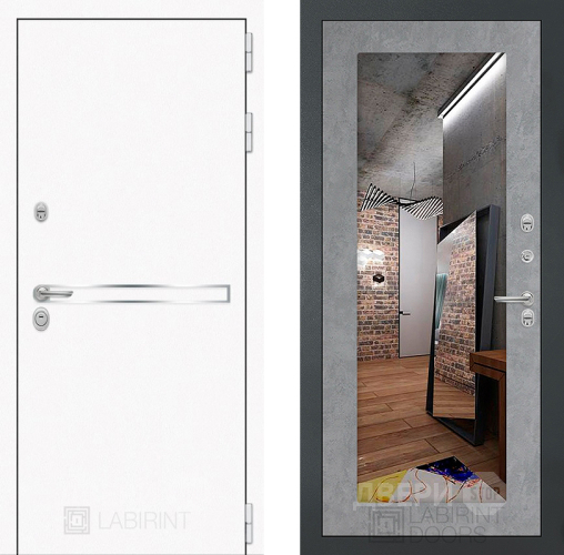 Входная металлическая Дверь Лабиринт (LABIRINT) Лайн White Зеркало 18 Бетон светлый в Балашихе
