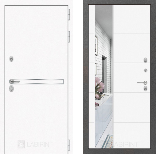 Входная металлическая Дверь Лабиринт (LABIRINT) Лайн White Зеркало 19 Белый софт в Балашихе