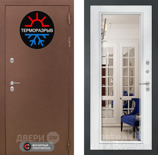 Входная металлическая Дверь Лабиринт (LABIRINT) Термо Магнит Зеркало Фацет с багетом Белый софт в Балашихе