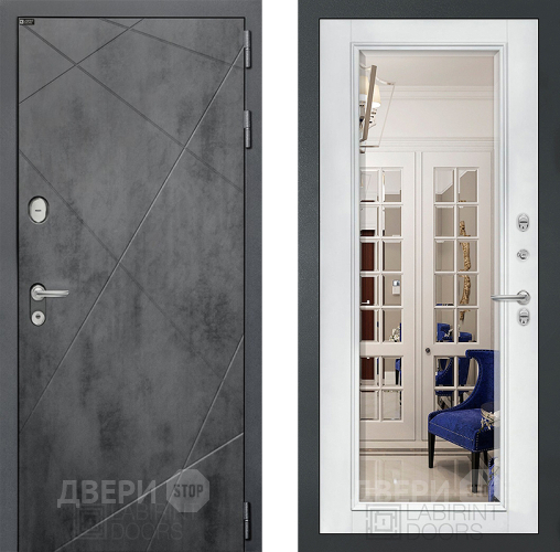 Дверь Лабиринт (LABIRINT) Лофт Зеркало Фацет с багетом Белый софт в Балашихе