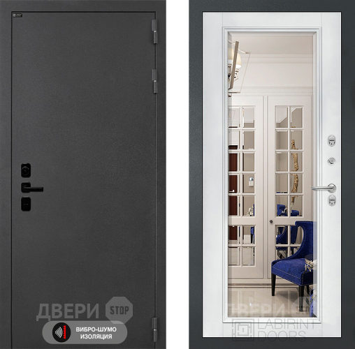 Дверь Лабиринт (LABIRINT) Acustic Зеркало Фацет с багетом Белый софт в Балашихе